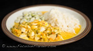 Fish in Saffron Sauce, with Cauliflower Rice and Broad Beans